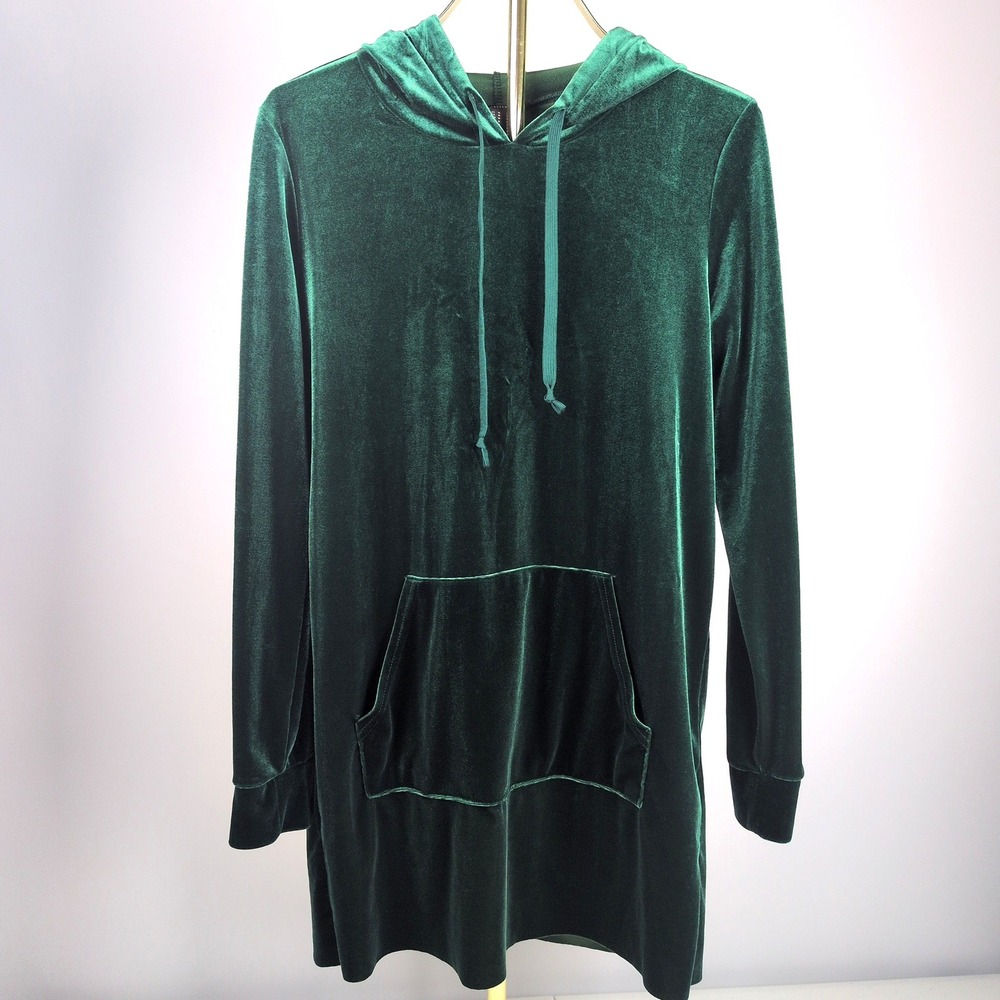 Forever 21 Women Medium Hoodie Dress Green Velvet Long Sleeve Kangaroo Pocket